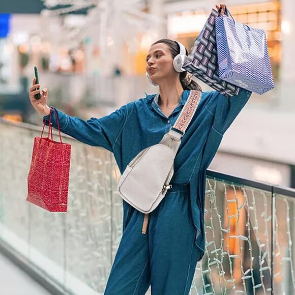 Women’s Sling Crossbody Bag Soft PU Leather Wide Woven Strap Chest Travel Grey - Picture 6 of 8